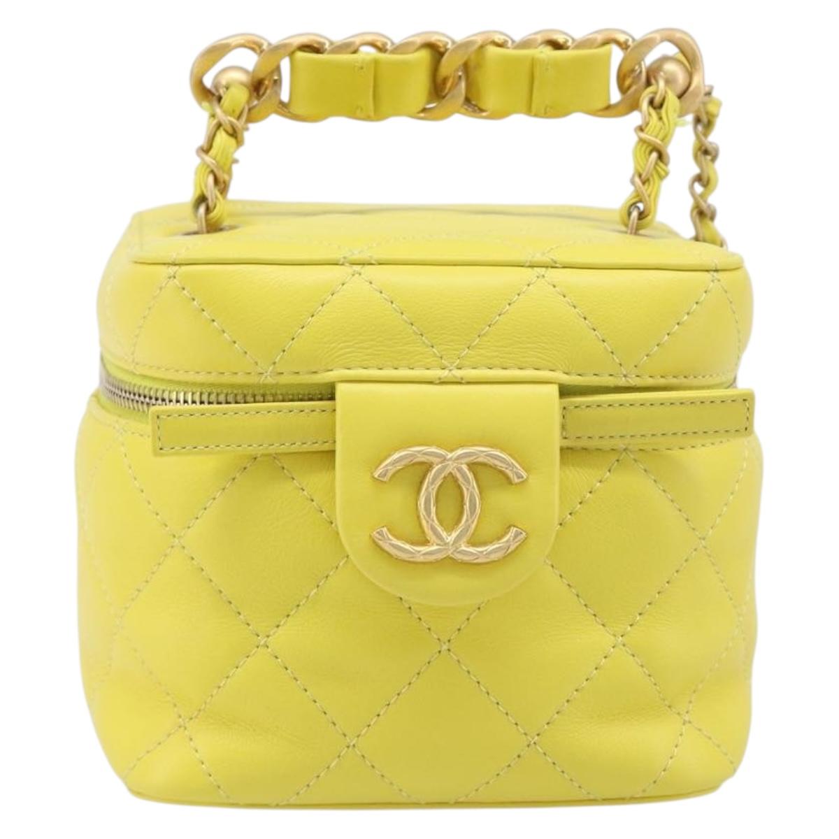 CHANEL Matelasse Chain Vanity Bag Lamb Skin 2way Yellow Gold CC Auth 196667M