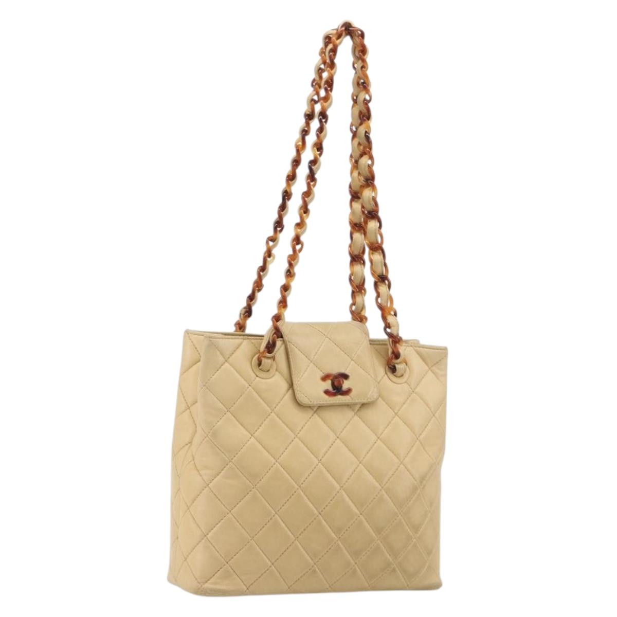 CHANEL Matelasse Chain Shoulder Bag Lamb Skin Beige CC Auth 196671A