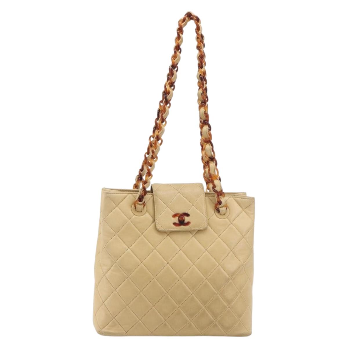 CHANEL Matelasse Chain Shoulder Bag Lamb Skin Beige CC Auth 196671A