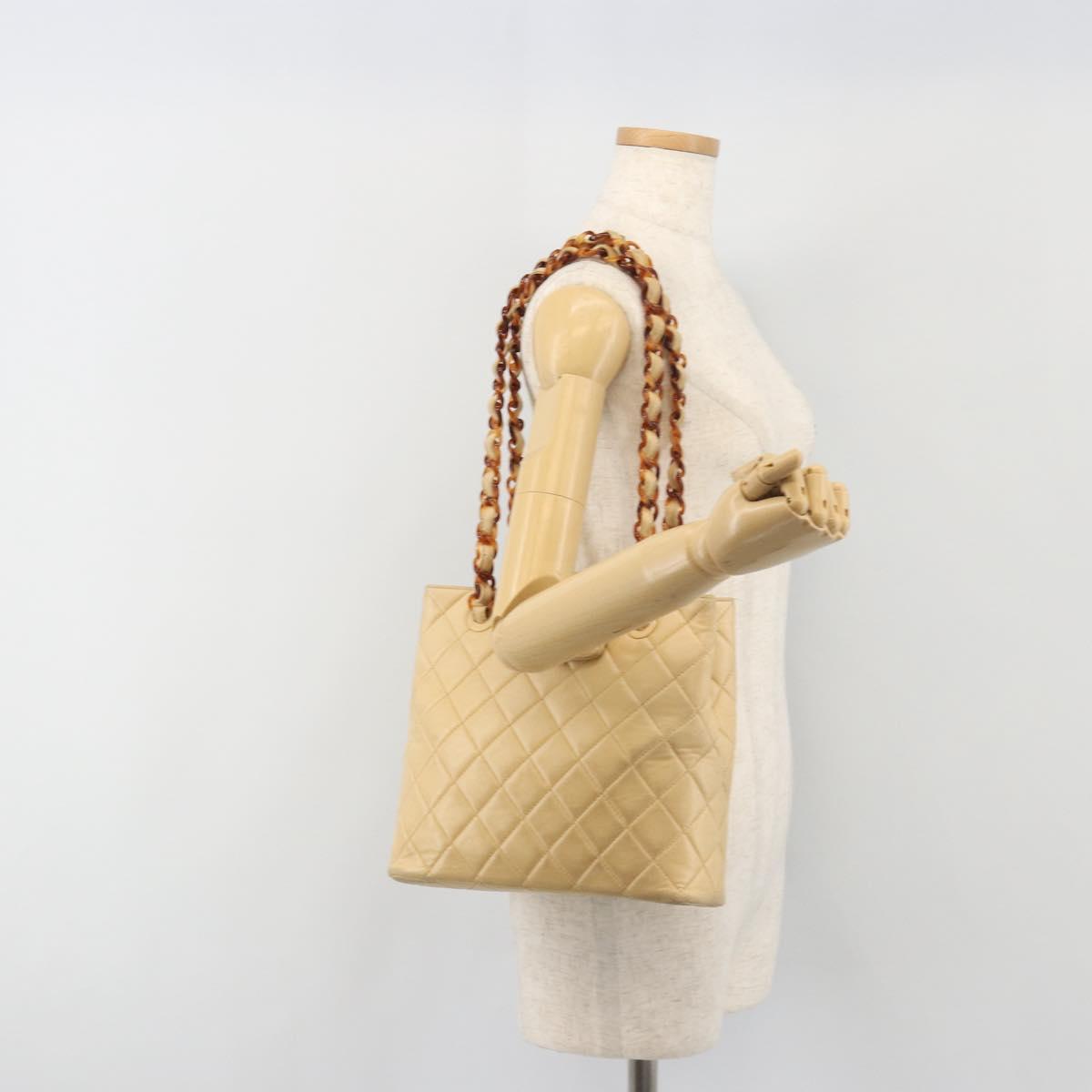 CHANEL Matelasse Chain Shoulder Bag Lamb Skin Beige CC Auth 196671A