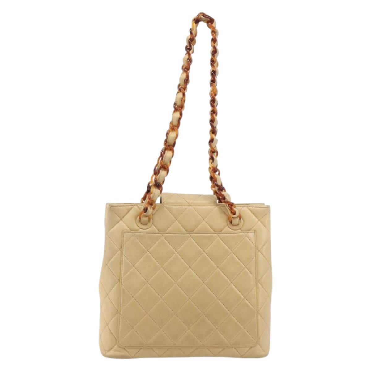 CHANEL Matelasse Chain Shoulder Bag Lamb Skin Beige CC Auth 196671A