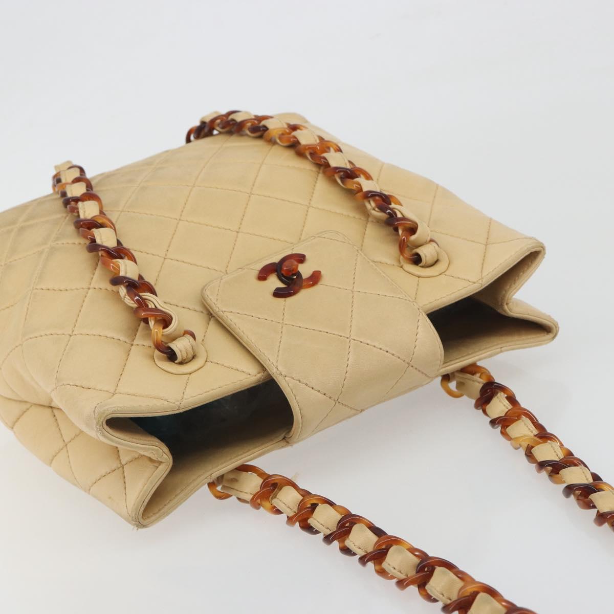 CHANEL Matelasse Chain Shoulder Bag Lamb Skin Beige CC Auth 196671A