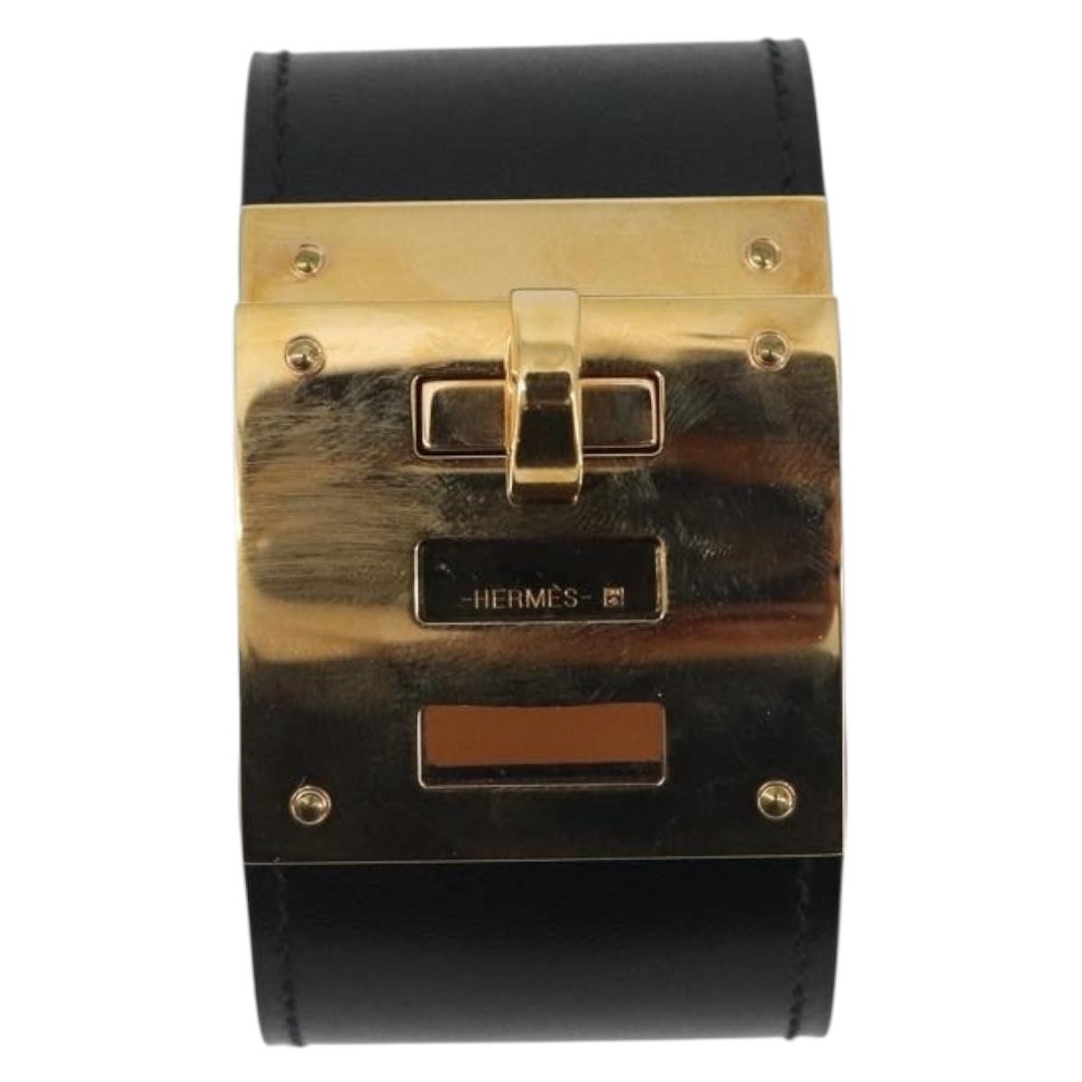 HERMES Kelly Dog Bracelet Leather Black Gold Auth 196673V