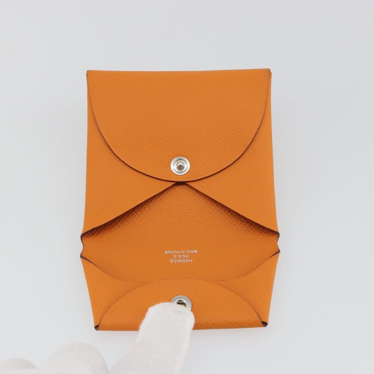 HERMES Bastia Terre Batue Coin Purse Leather Orange Silver Auth 196674V