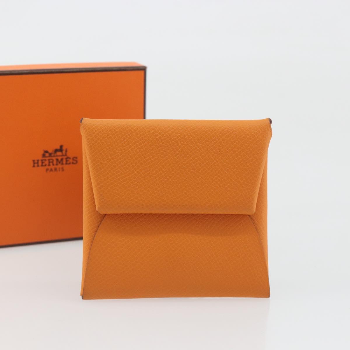 HERMES Bastia Terre Batue Coin Purse Leather Orange Silver Auth 196674V