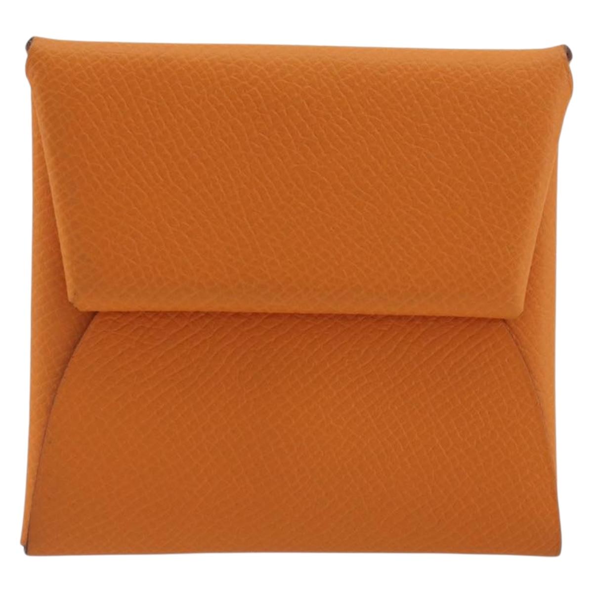 HERMES Bastia Terre Batue Coin Purse Leather Orange Silver Auth 196674V