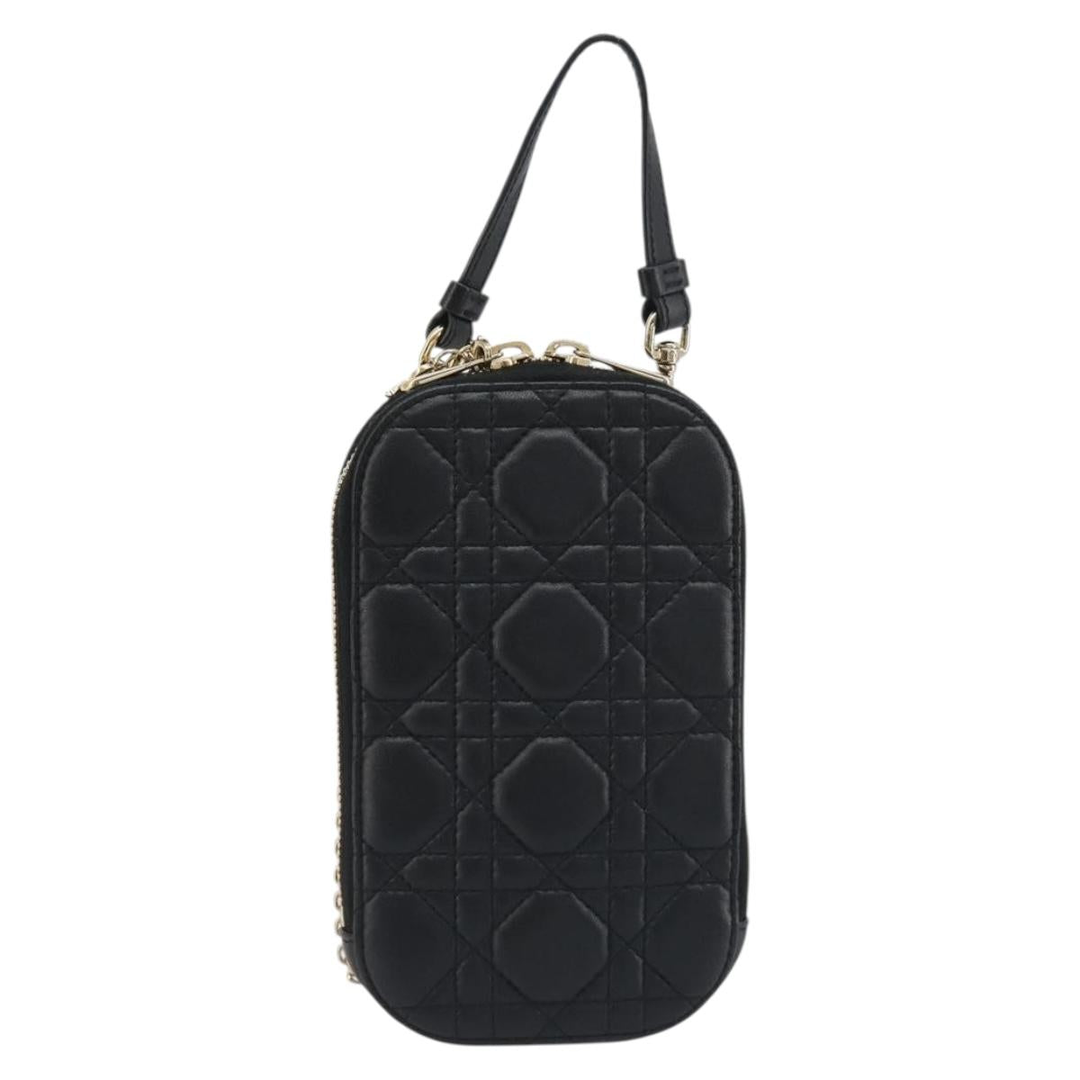 Christian Dior Cannage Phone Holder Leather Black Gold Auth 196679V