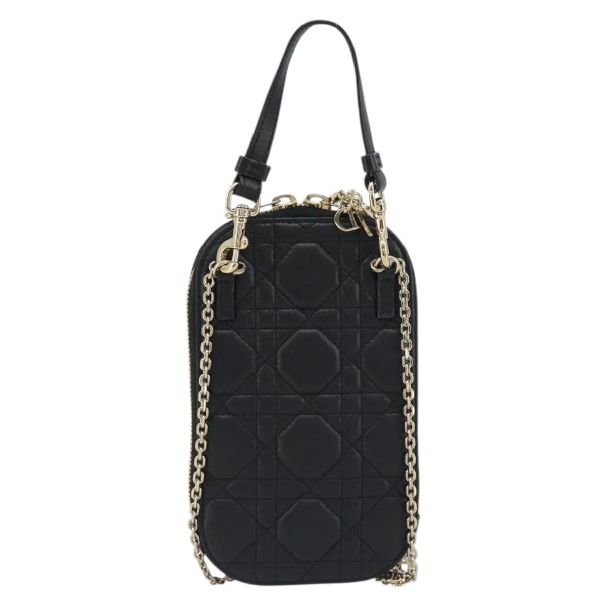 Christian Dior Cannage Phone Holder Leather Black Gold Auth 196679V