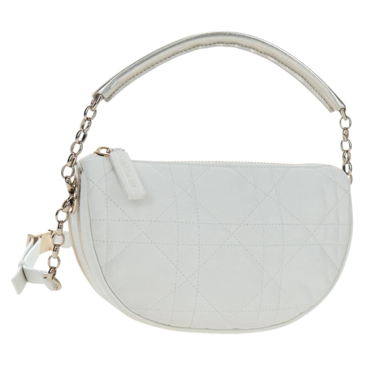 Christian Dior Vibe Cannage Shoulder Bag Leather 2way White Gold Auth 196680V