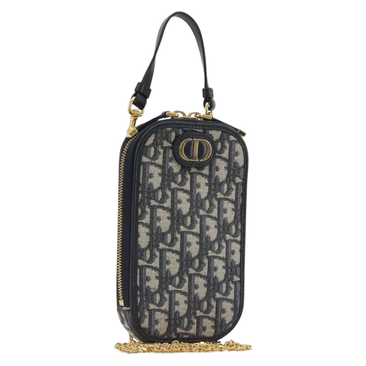 Christian Dior Trotter Canvas Oblique Phone Holder Navy Gold Auth 196681M
