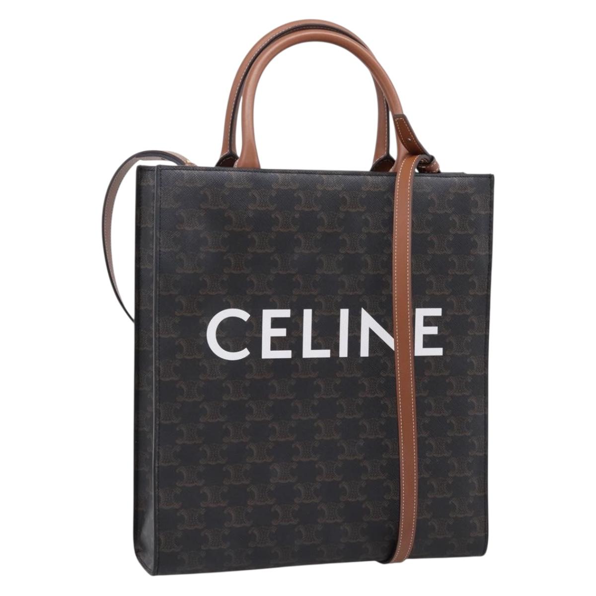 CELINE Macadam Canvas Vertical Cabas Small Hand Bag PVC Brown Gold Auth 196692V
