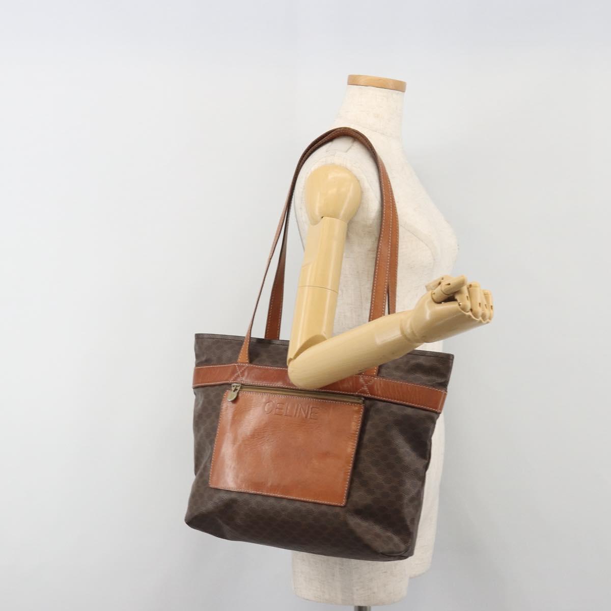CELINE Macadam Canvas Shoulder Bag PVC Leather Brown Gold Auth 196695A