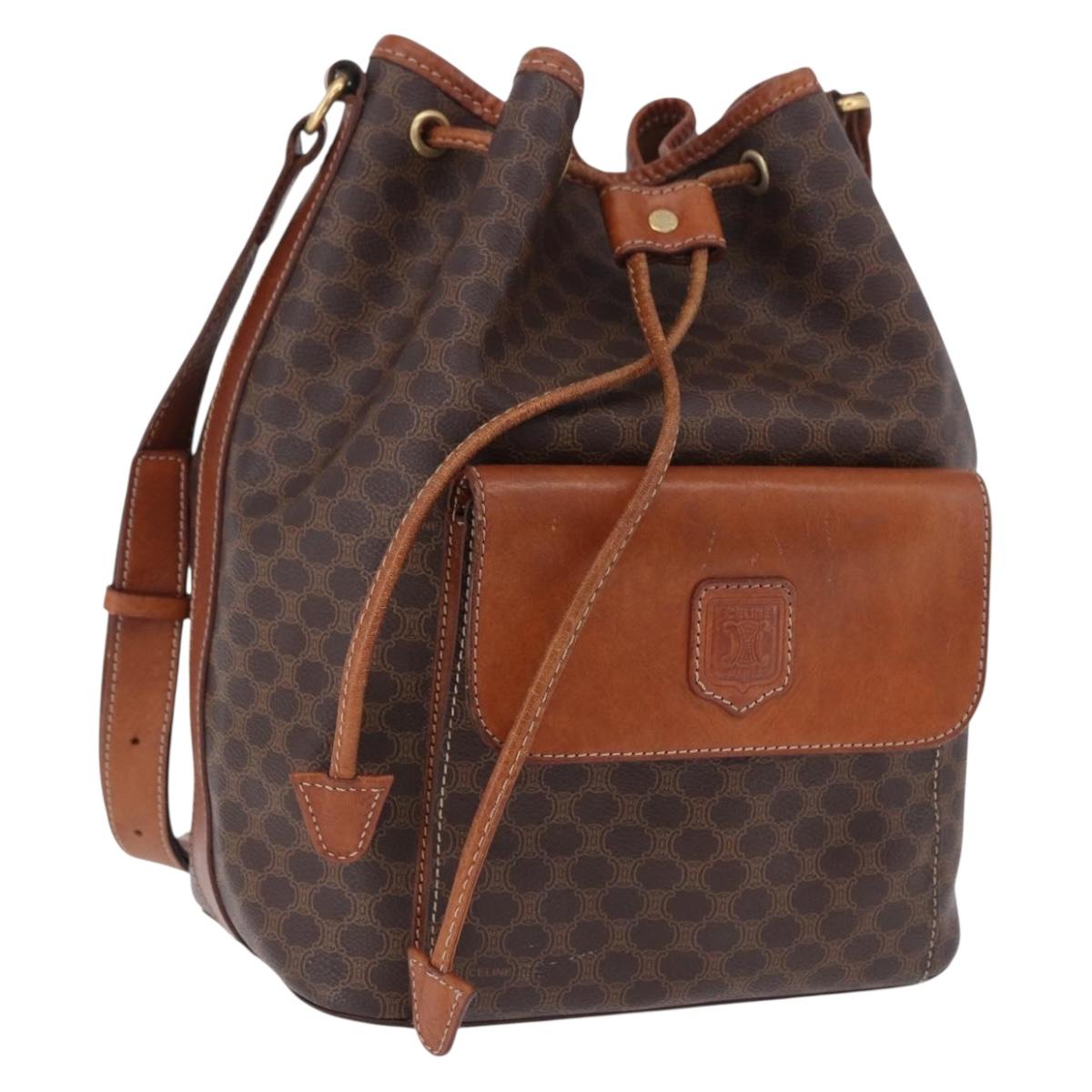 CELINE Macadam Canvas Shoulder Bag PVC Leather Brown Gold Auth 196696A