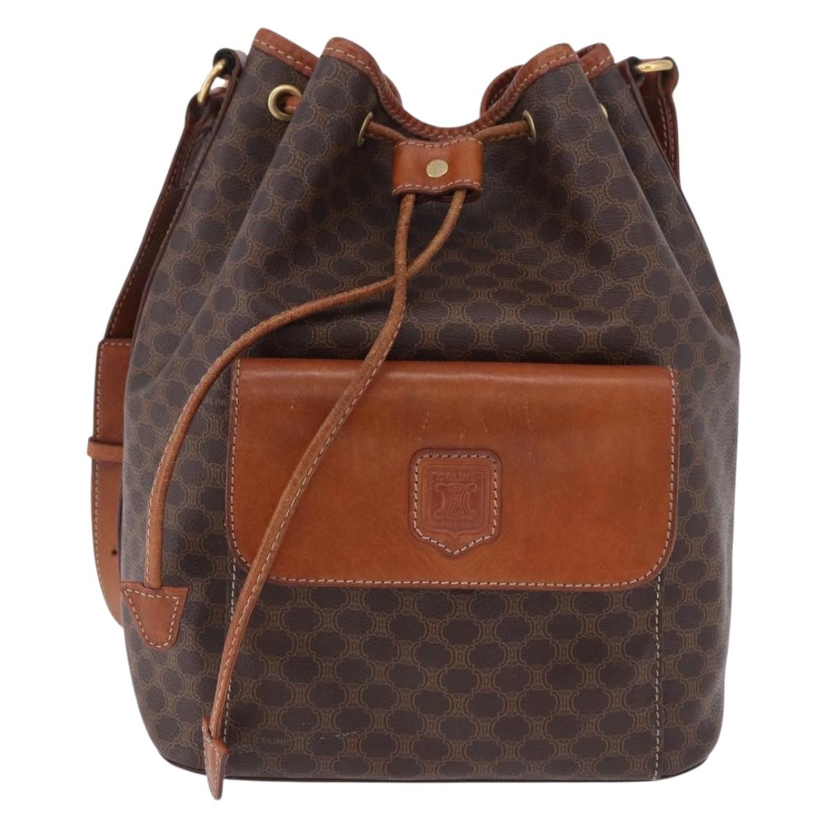 CELINE Macadam Canvas Shoulder Bag PVC Leather Brown Gold Auth 196696A