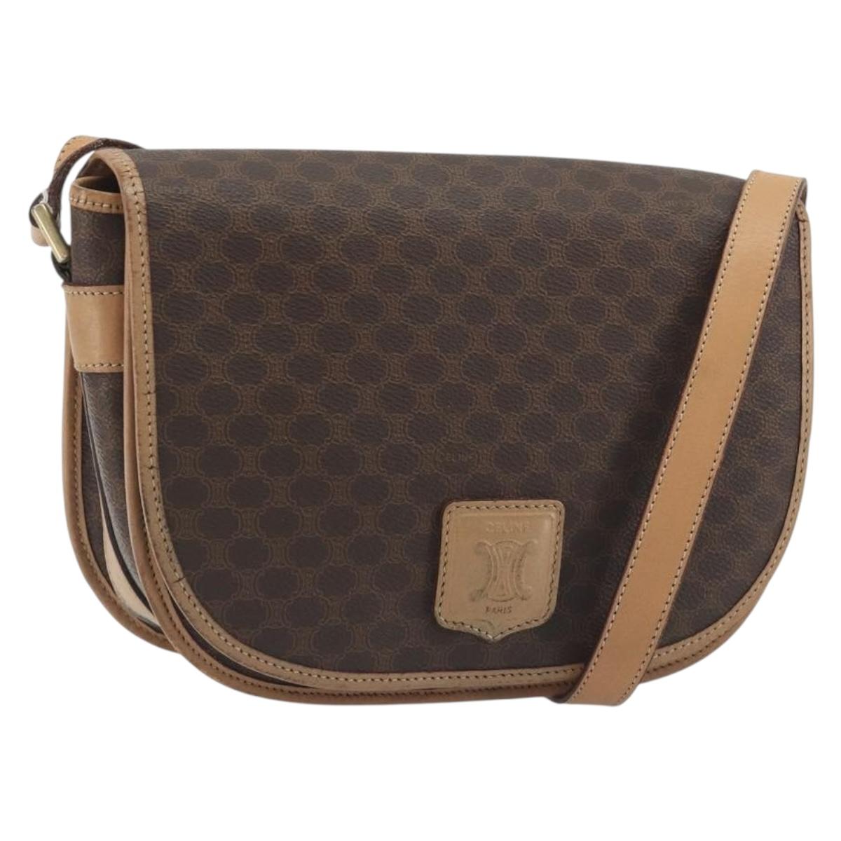 CELINE Macadam Canvas Shoulder Bag PVC Leather Brown Gold Auth 196698