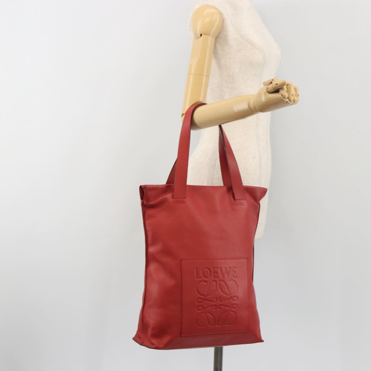 LOEWE Anagram Tote Bag Leather Red Silver Auth 196700A