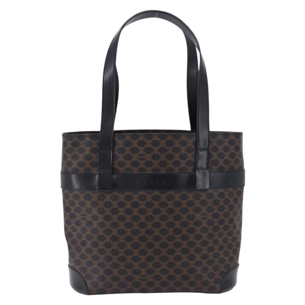 CELINE Macadam Canvas Hand Bag PVC Leather Black Gold Auth 196702