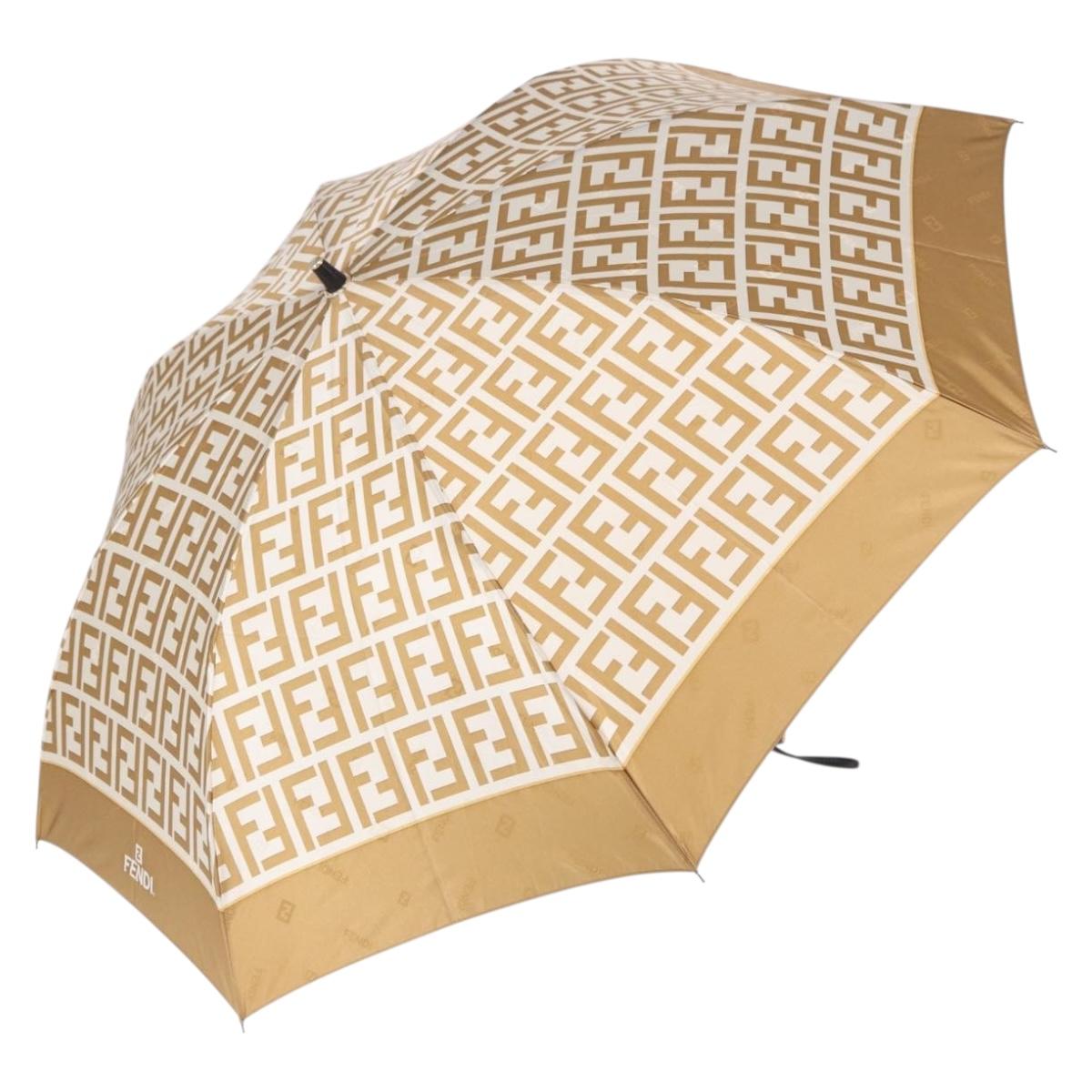FENDI Zucca Canvas Folding Umbrella Beige Gold Auth 196709A