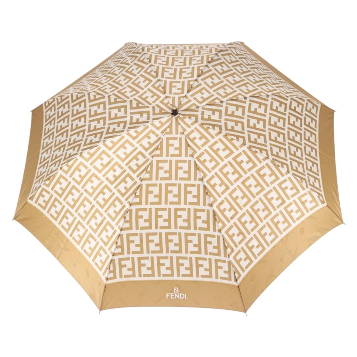 FENDI Zucca Canvas Folding Umbrella Beige Gold Auth 196709A