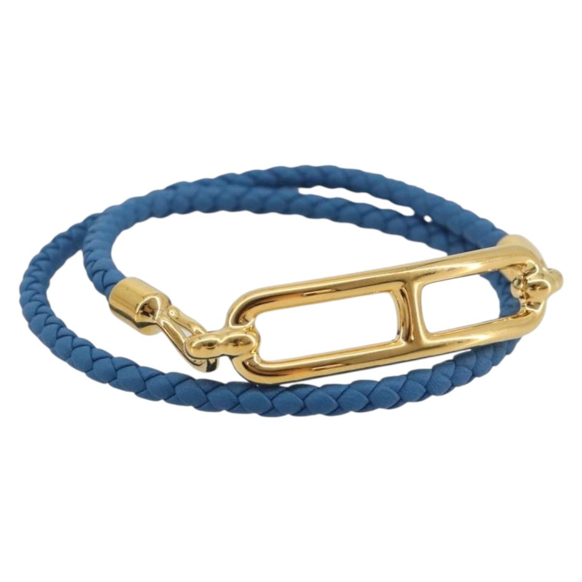HERMES Roulis De Bourtour Bracelet Leather Blue Gold Auth 196712V