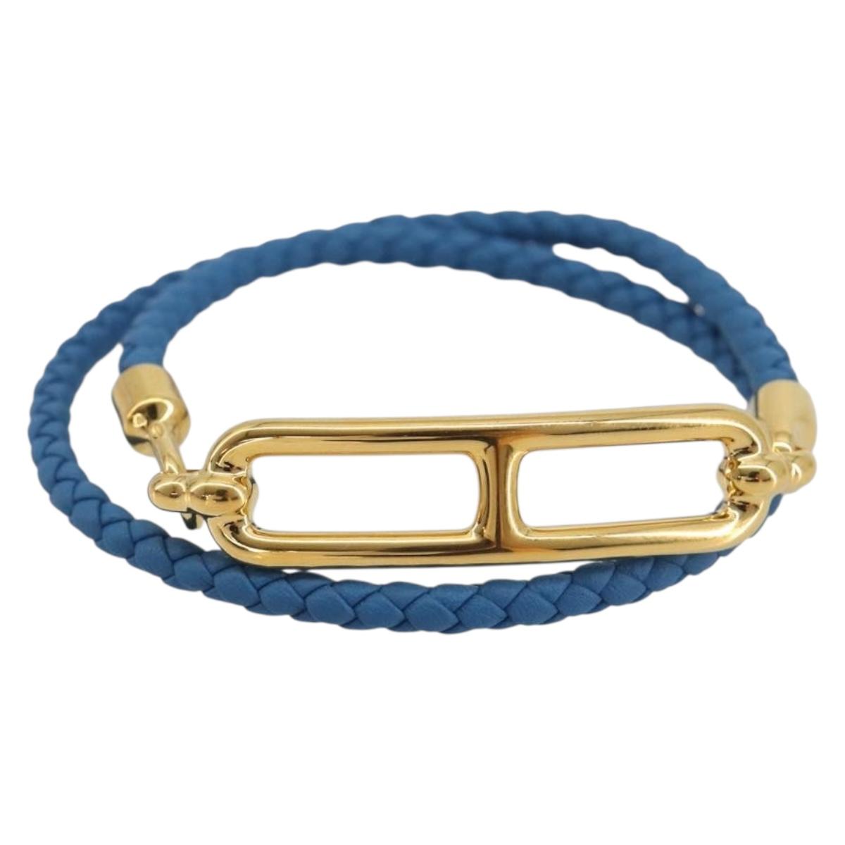 HERMES Roulis De Bourtour Bracelet Leather Blue Gold Auth 196712V