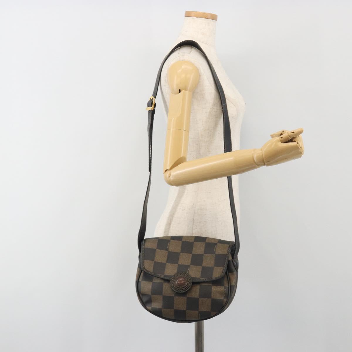 FENDI Pecan Canvas Shoulder Bag PVC Black Brown Auth 196716