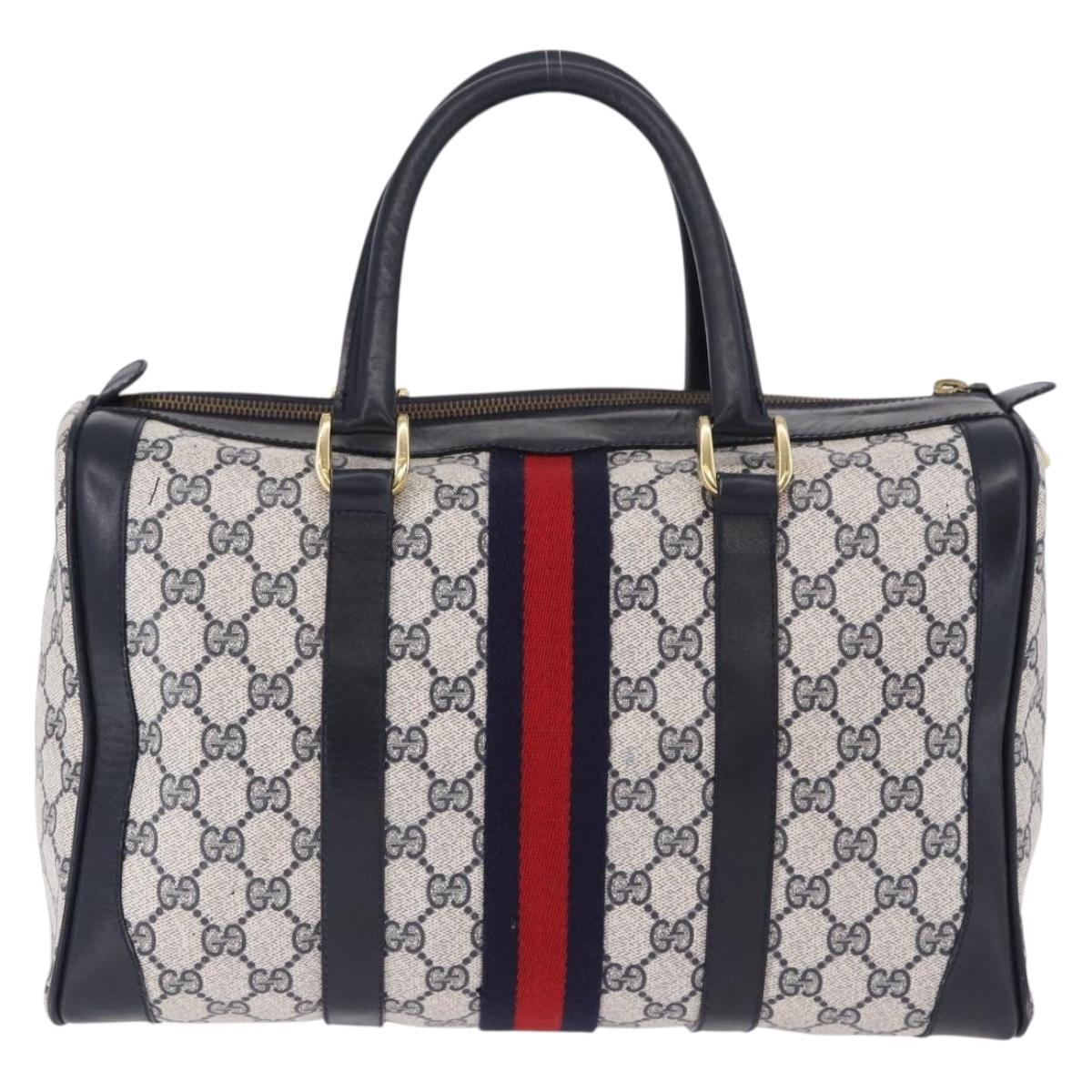 GUCCI GG Supreme Sherry Line Boston Bag PVC Navy Gold Auth 196762A