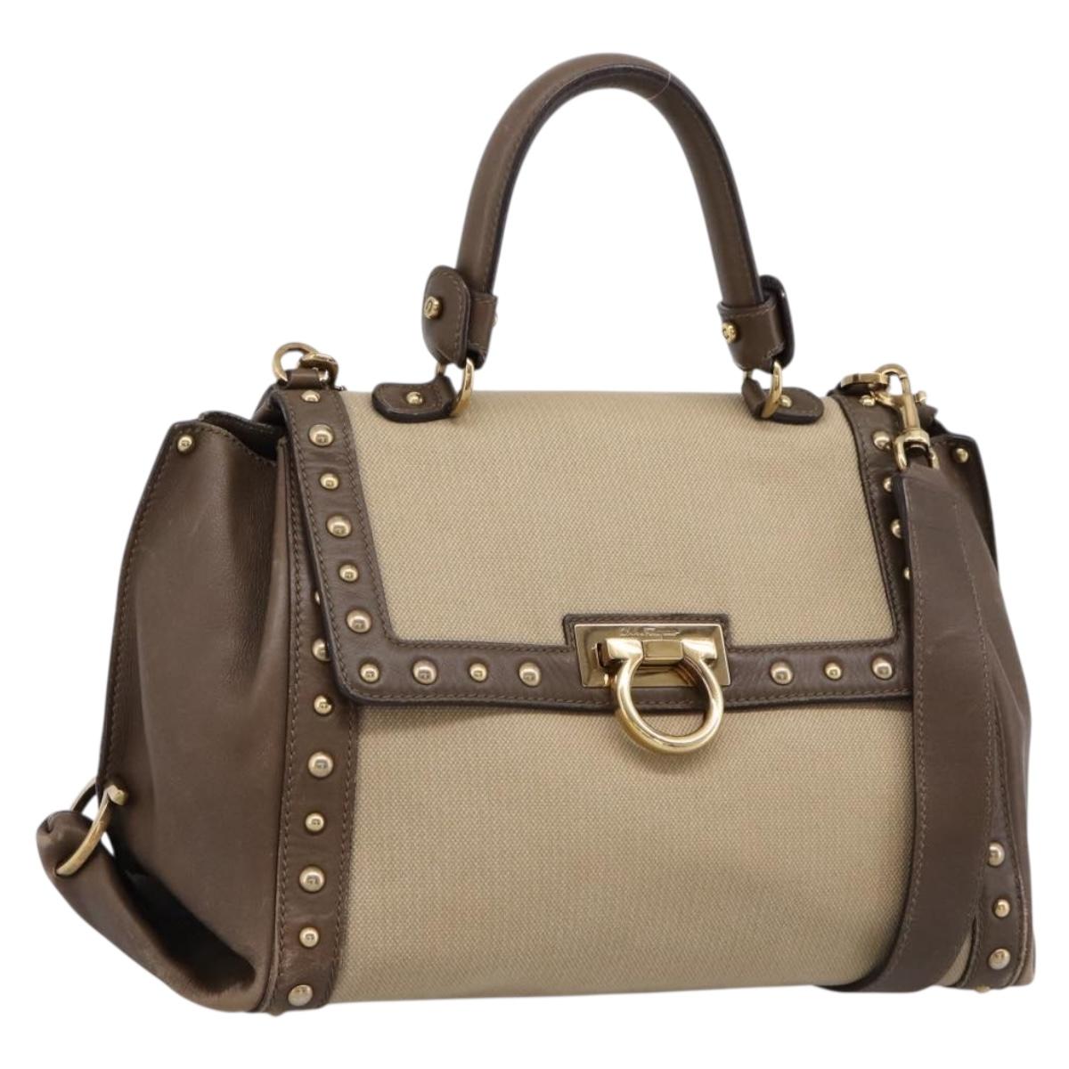 Salvatore Ferragamo Gancini Hand Bag Canvas 2way Beige Gold Auth 196765