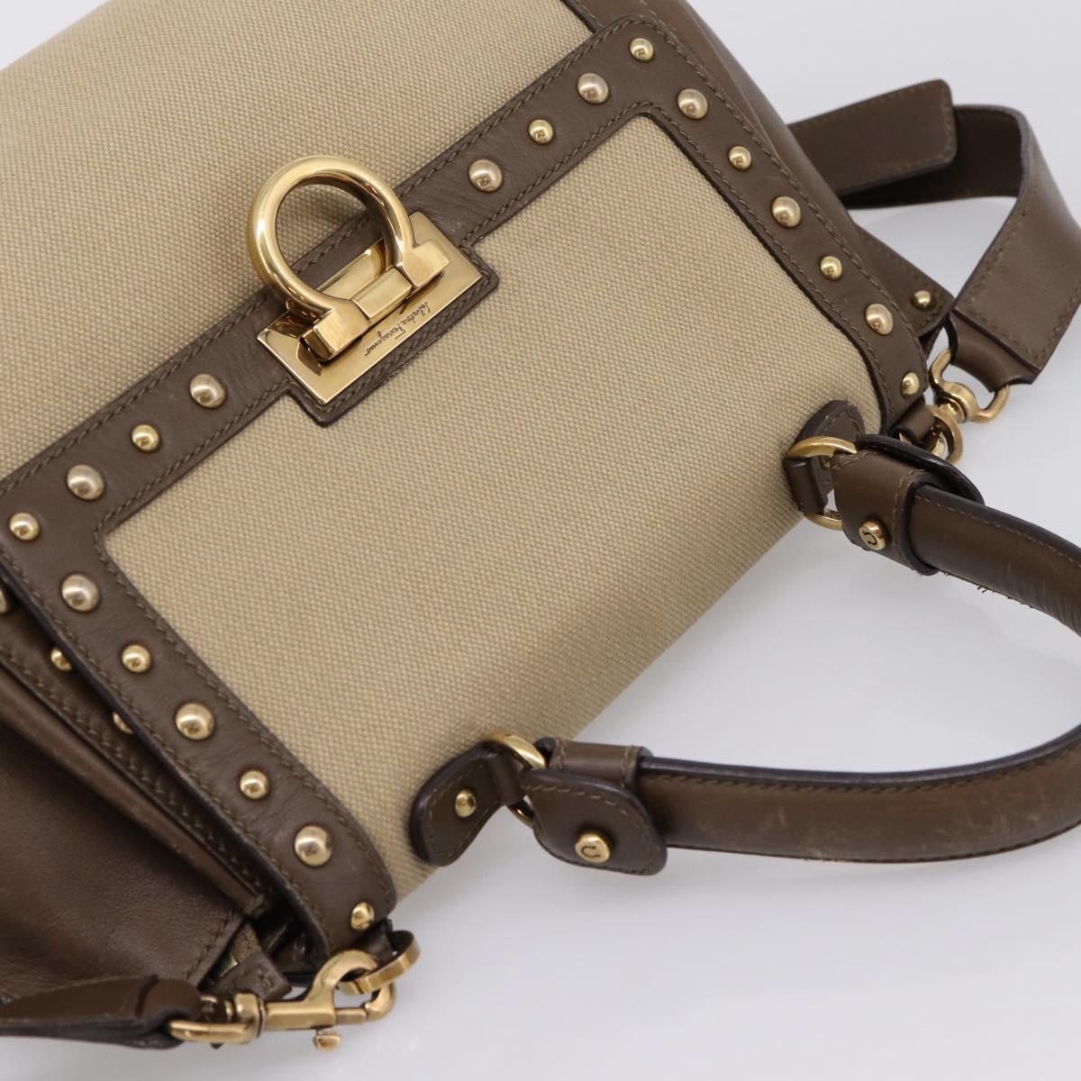 Salvatore Ferragamo Gancini Hand Bag Canvas 2way Beige Gold Auth 196765