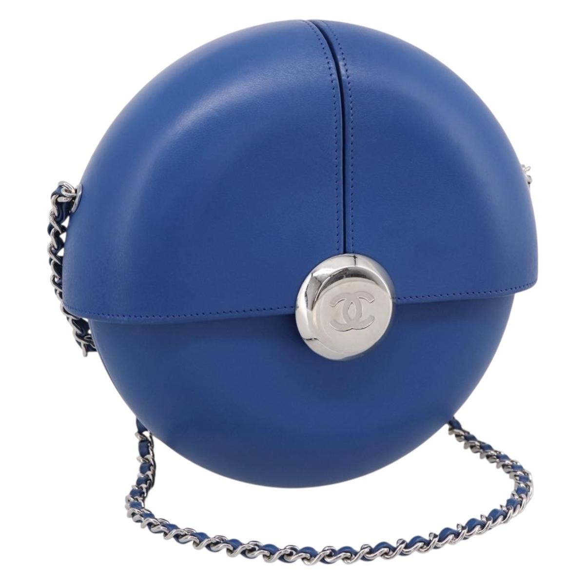 CHANEL Evening Air Chain Shoulder Bag Lamb Skin Blue Silver CC Auth 196780SAM