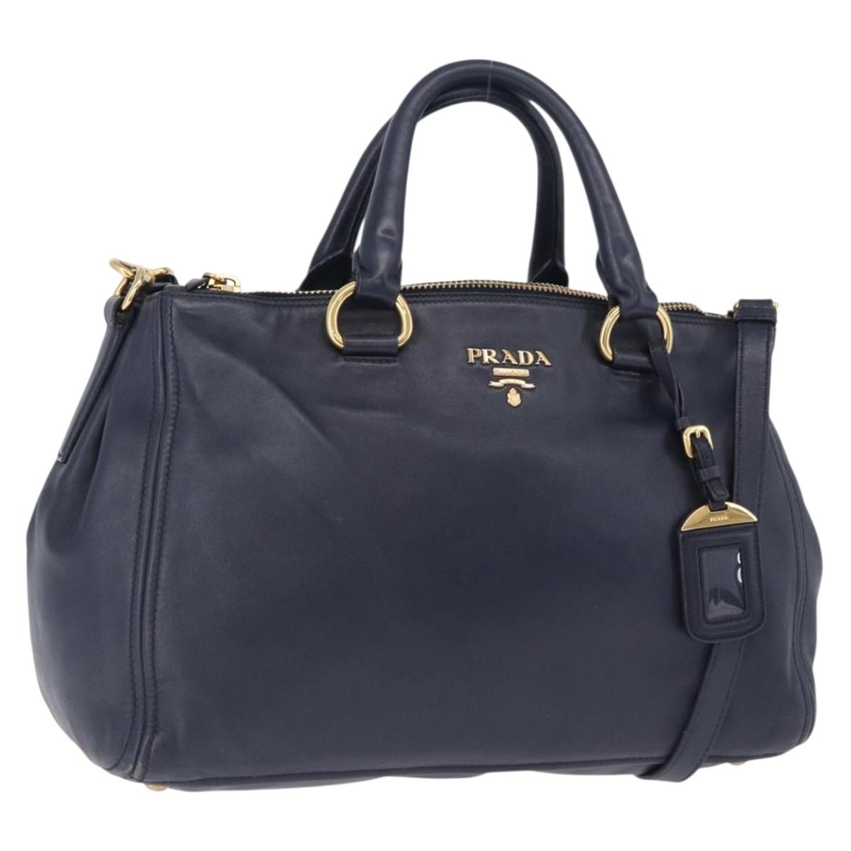 PRADA Hand Bag Leather 2way Navy Gold Auth 196781V