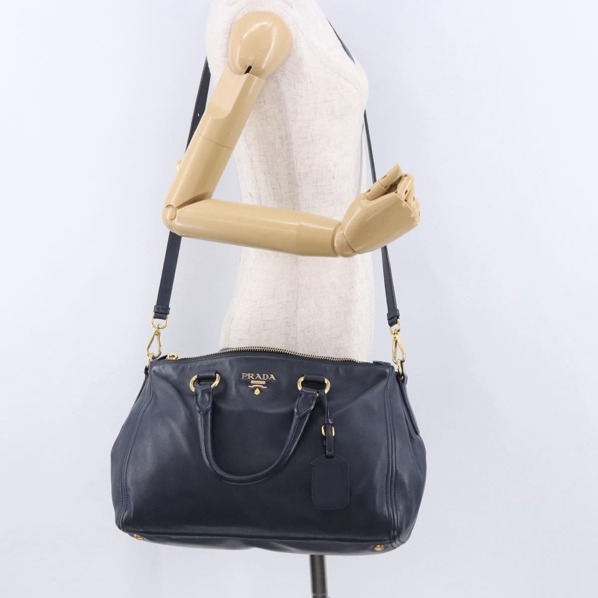 PRADA Hand Bag Leather 2way Navy Gold Auth 196781V