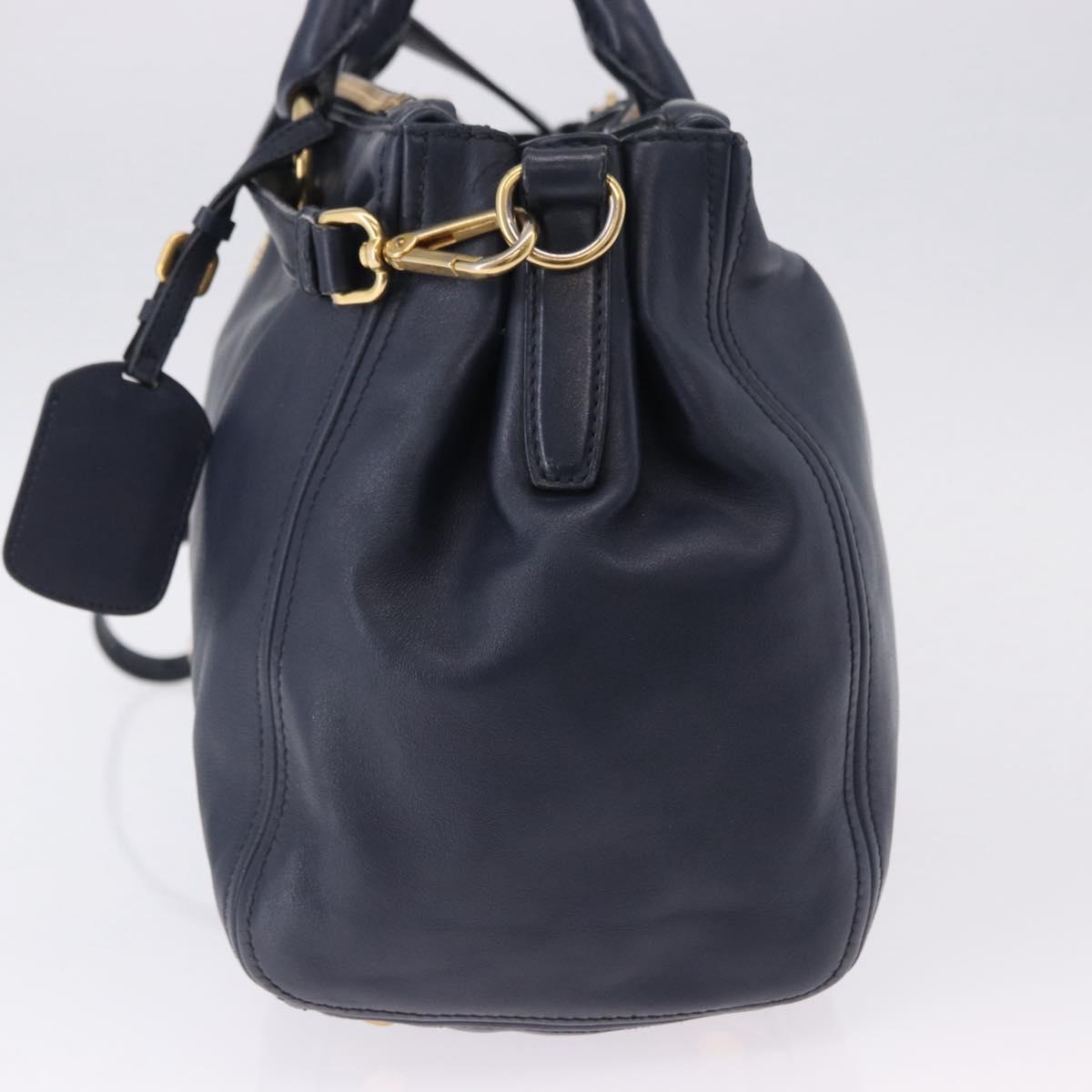 PRADA Hand Bag Leather 2way Navy Gold Auth 196781V