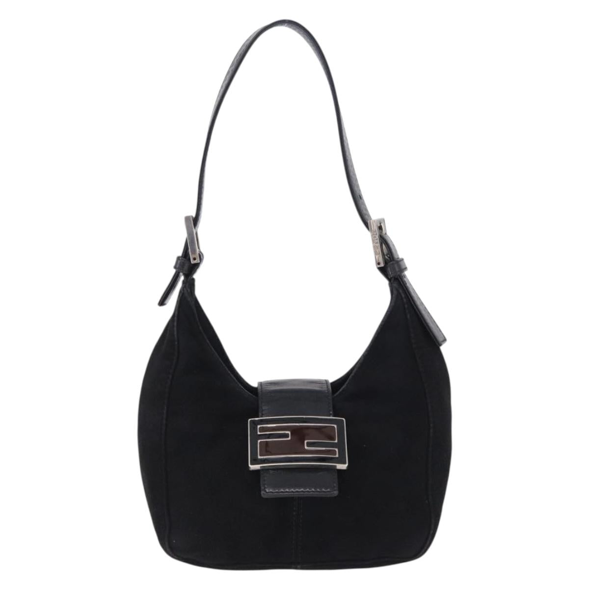 FENDI Mamma Baguette Shoulder Bag Suede Black Silver Auth 196786V
