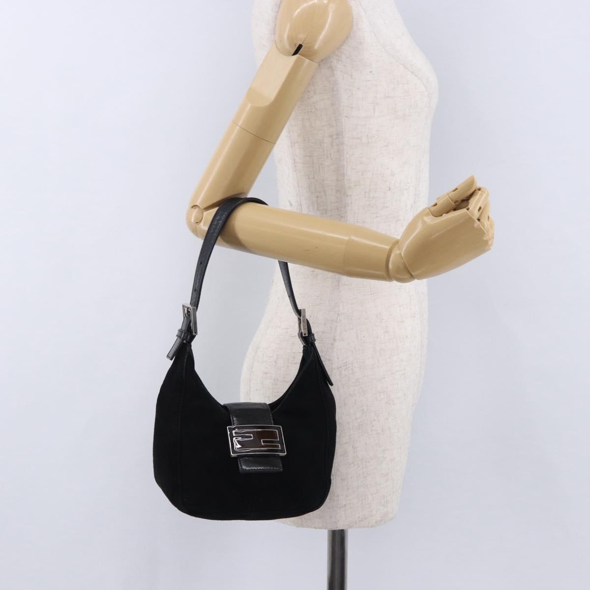 FENDI Mamma Baguette Shoulder Bag Suede Black Silver Auth 196786V