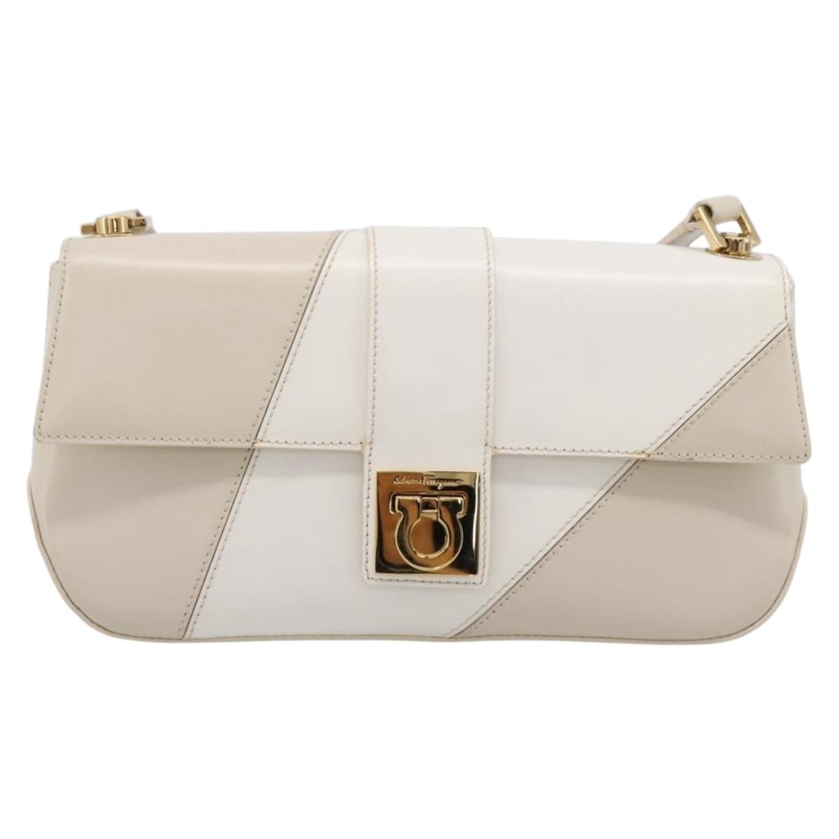 Salvatore Ferragamo Gancini Shoulder Bag Leather Light Beige Gold Auth 196789A