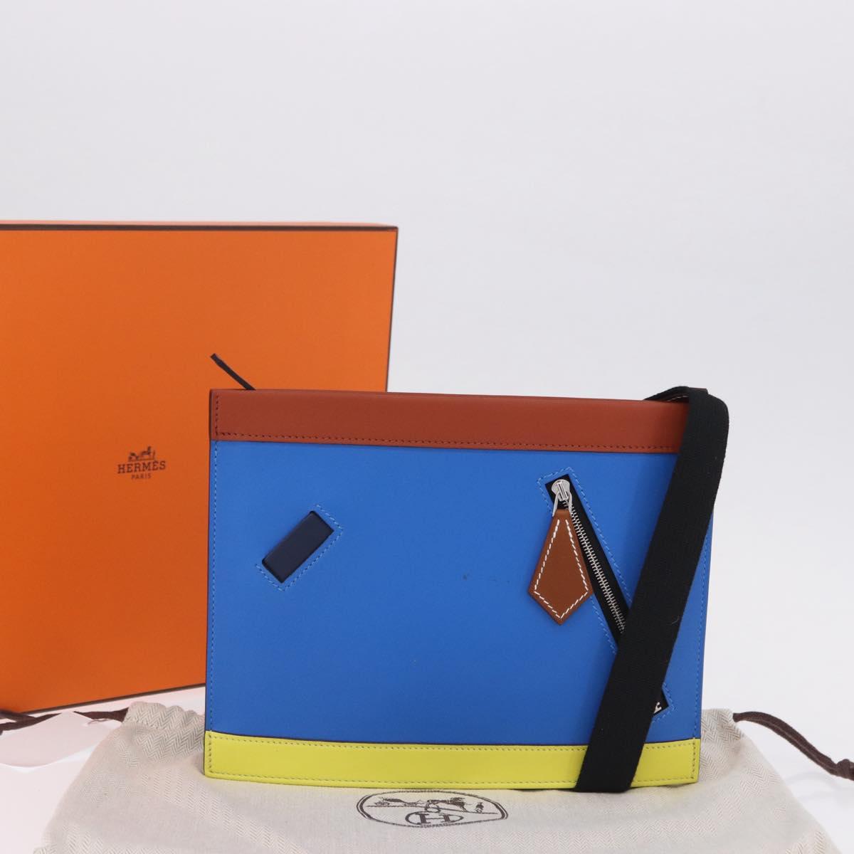 HERMES Zip Angor Clutch Bag Leather Blue Silver Auth 196795SM