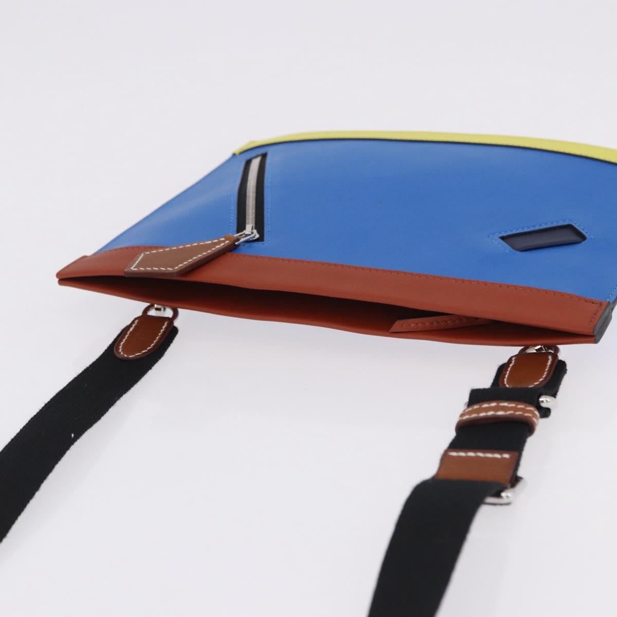 HERMES Zip Angor Clutch Bag Leather Blue Silver Auth 196795SM