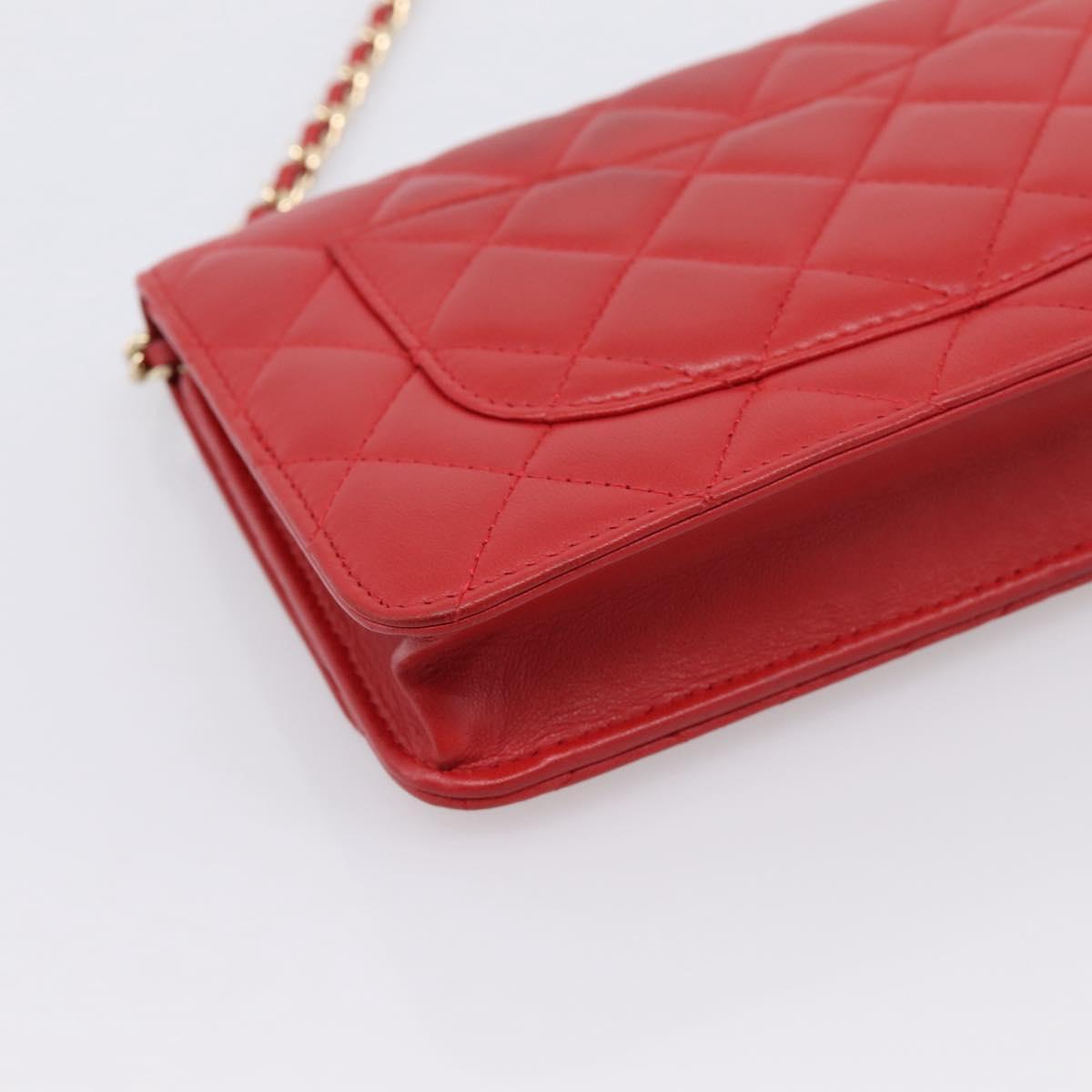 CHANEL Matelasse Chain Wallet Double Piece Lamb Skin Red Gold CC Auth 196801SAM
