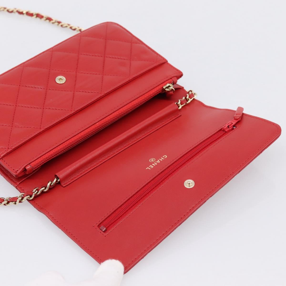 CHANEL Matelasse Chain Wallet Double Piece Lamb Skin Red Gold CC Auth 196801SAM