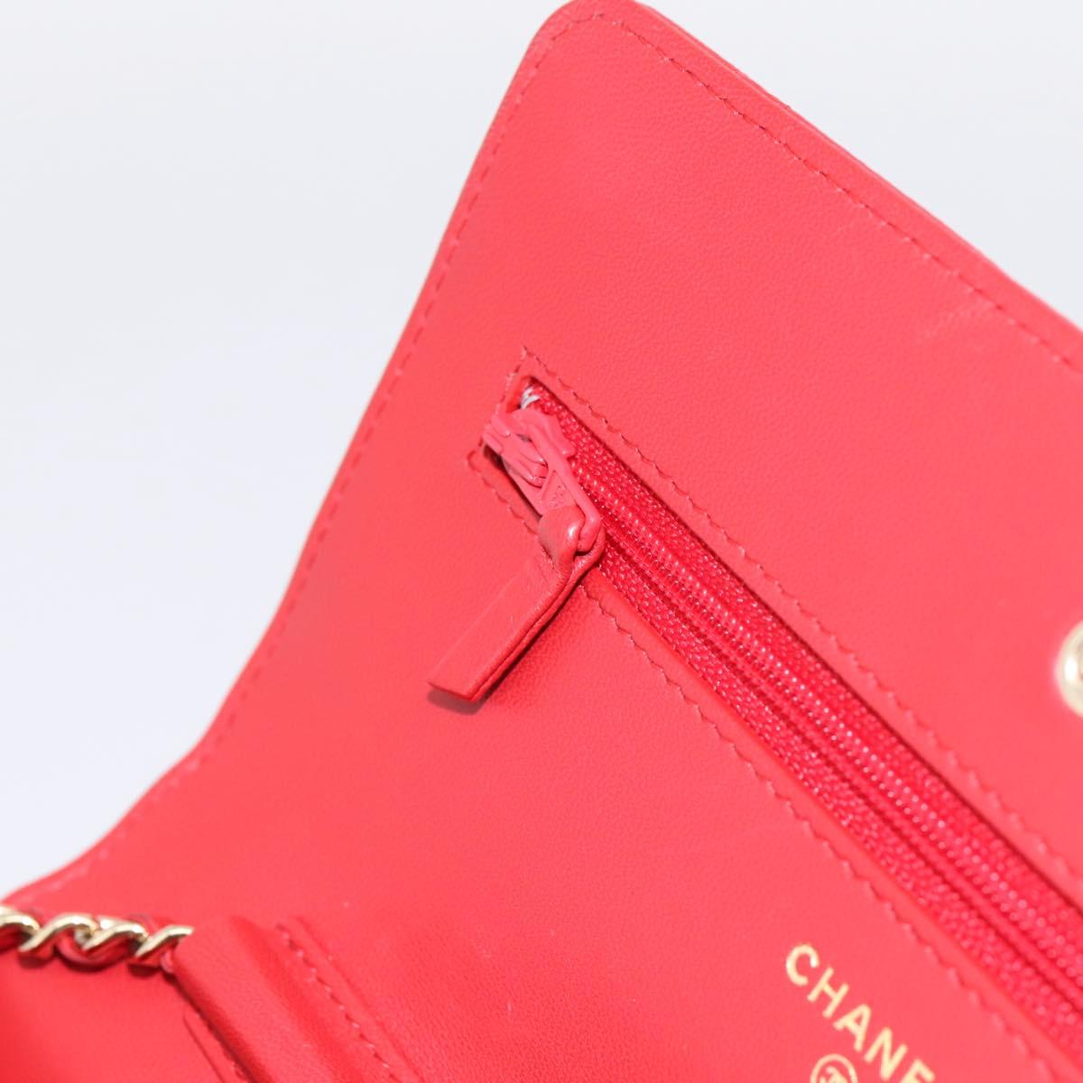 CHANEL Matelasse Chain Wallet Double Piece Lamb Skin Red Gold CC Auth 196801SAM