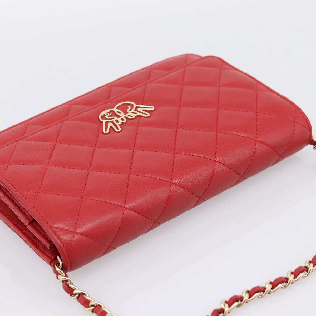 CHANEL Matelasse Chain Wallet Double Piece Lamb Skin Red Gold CC Auth 196801SAM