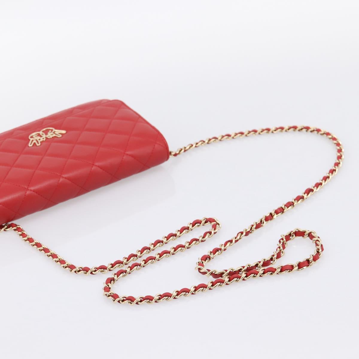 CHANEL Matelasse Chain Wallet Double Piece Lamb Skin Red Gold CC Auth 196801SAM