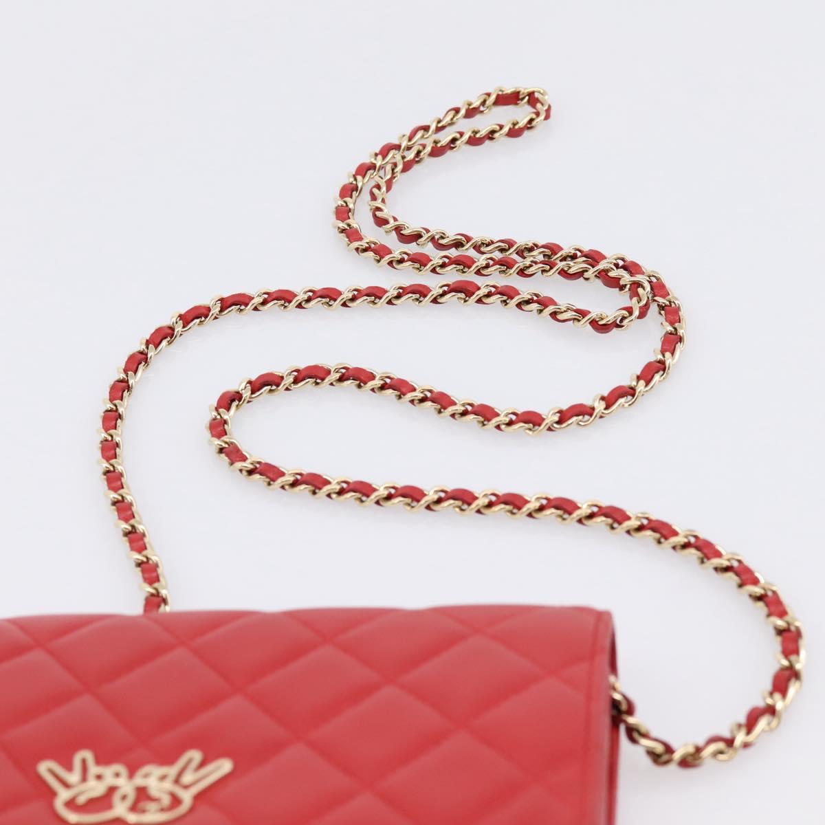 CHANEL Matelasse Chain Wallet Double Piece Lamb Skin Red Gold CC Auth 196801SAM