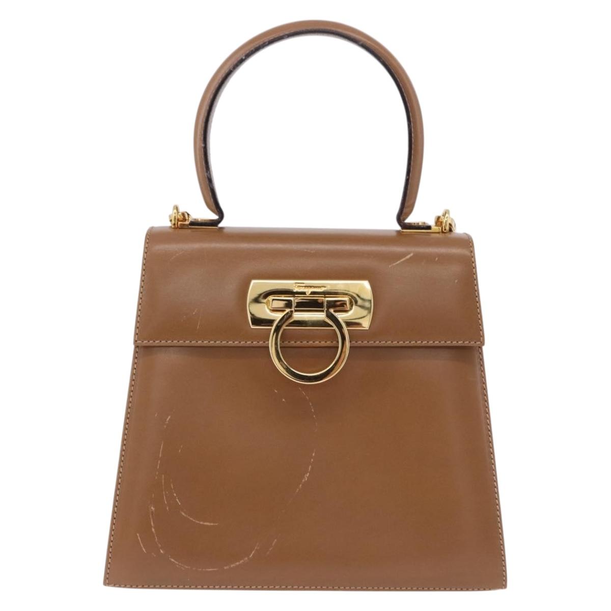 Salvatore Ferragamo Gancini Hand Bag Leather 2way Brown Gold Auth 196812