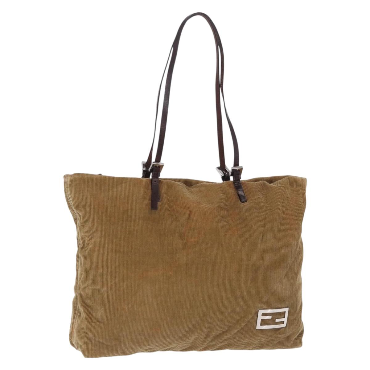 FENDI Tote Bag Corduroy Beige Silver Auth 196813A