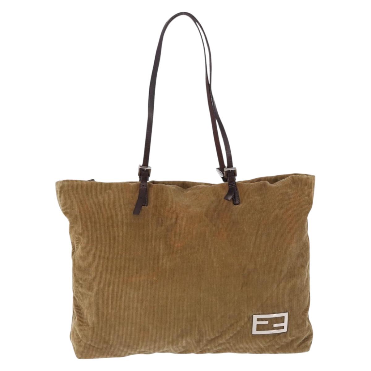 FENDI Tote Bag Corduroy Beige Silver Auth 196813A