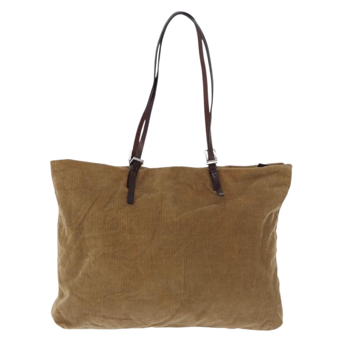 FENDI Tote Bag Corduroy Beige Silver Auth 196813A