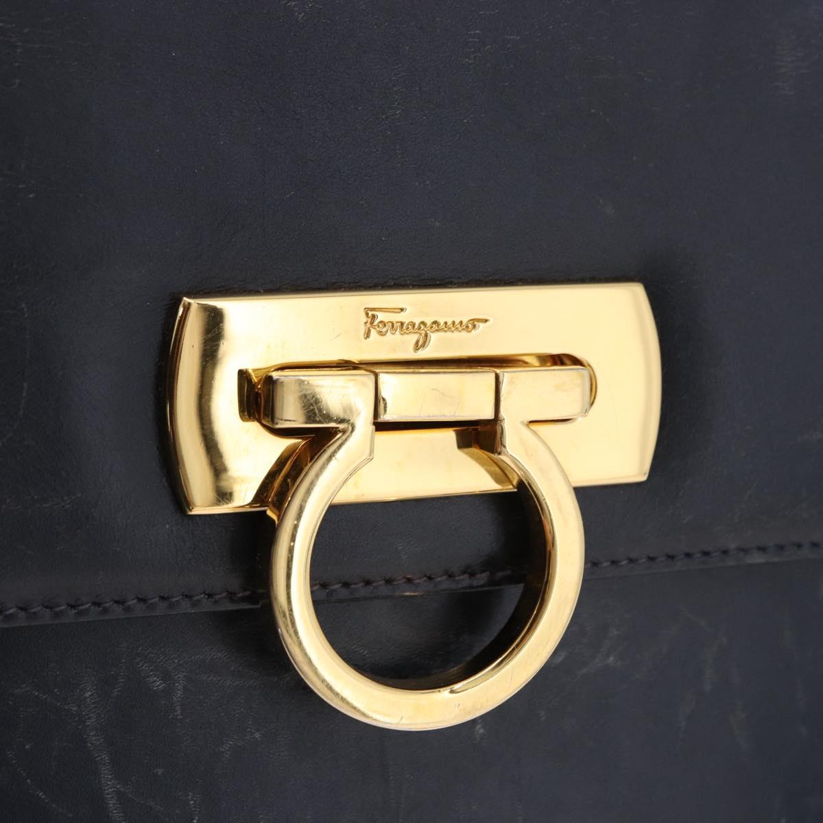 Salvatore Ferragamo Gancini Hand Bag Leather 2way Navy Gold Auth 196816