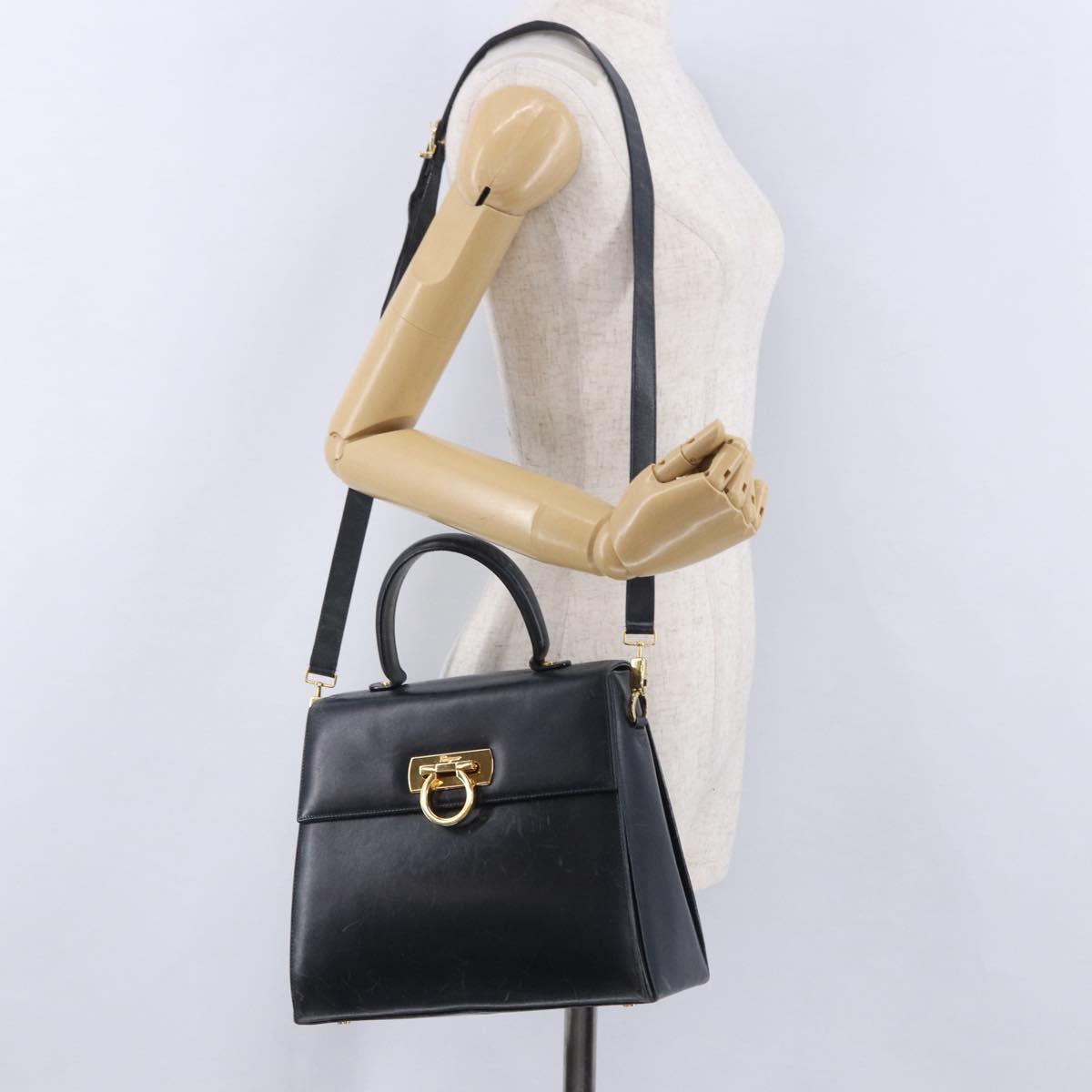 Salvatore Ferragamo Gancini Hand Bag Leather 2way Navy Gold Auth 196816